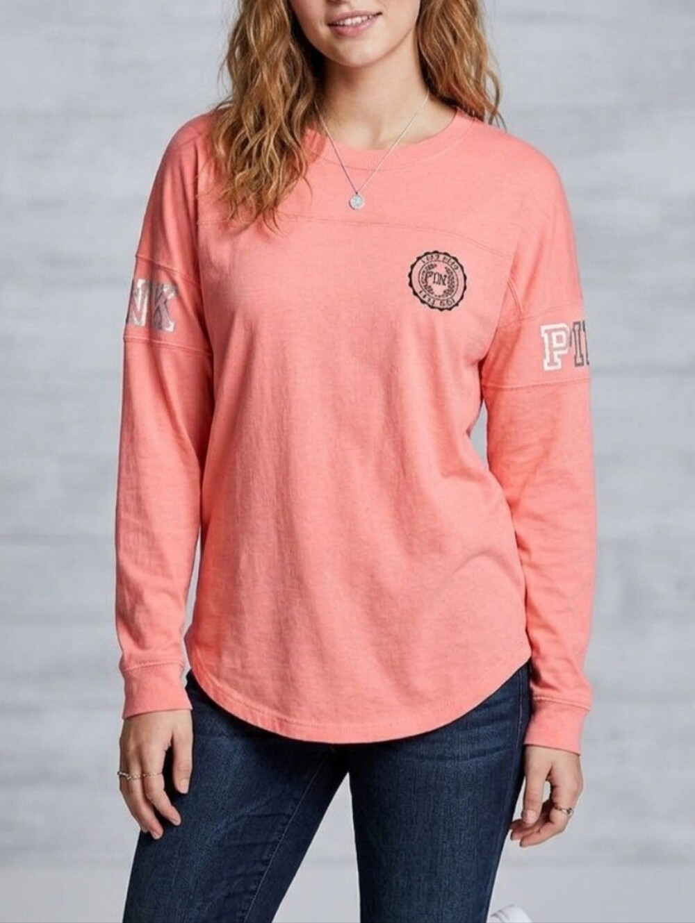 Victoria's Secret PINK coral Long Sleeve Campus Tee Shirt